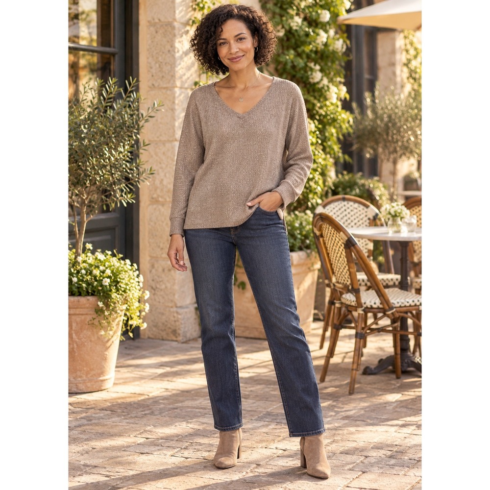Anthropologie Womens Small Waffle Knit V-Neck Oversized Thermal Top Taupe
